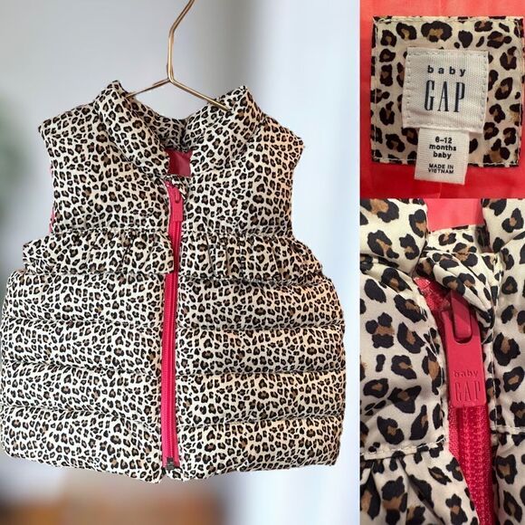 BabyGAP | Baby Toddler Girls 6-12 Month Puffer Vest Leopard Print Hot Pink Tan - Picture 1 of 10